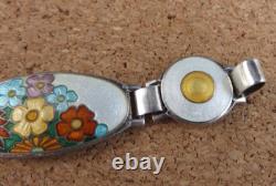 Vintage Art Deco Sterling Silver Orange Blue Enamel Wild Flowers Bracelet #268