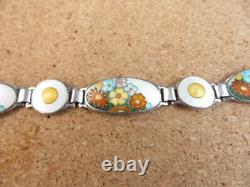 Vintage Art Deco Sterling Silver Orange Blue Enamel Wild Flowers Bracelet #268