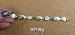 Vintage Art Deco Sterling Silver Orange Blue Enamel Wild Flowers Bracelet #268