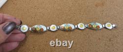 Vintage Art Deco Sterling Silver Orange Blue Enamel Wild Flowers Bracelet #268