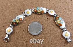 Vintage Art Deco Sterling Silver Orange Blue Enamel Wild Flowers Bracelet #268