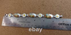 Vintage Art Deco Sterling Silver Orange Blue Enamel Wild Flowers Bracelet #268
