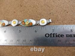 Vintage Art Deco Sterling Silver Orange Blue Enamel Wild Flowers Bracelet #268