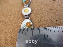 Vintage Art Deco Sterling Silver Orange Blue Enamel Wild Flowers Bracelet #268