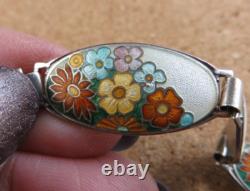 Vintage Art Deco Sterling Silver Orange Blue Enamel Wild Flowers Bracelet #268