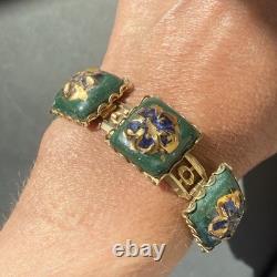 Vintage Art Glass Bracelet Green Blue Gold Enamel Floral Gold Plated Openwork