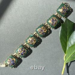 Vintage Art Glass Bracelet Green Blue Gold Enamel Floral Gold Plated Openwork