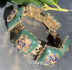 Vintage Art Glass Bracelet Green Blue Gold Enamel Floral Gold Plated Openwork