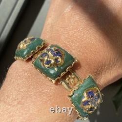 Vintage Art Glass Bracelet Green Blue Gold Enamel Floral Gold Plated Openwork