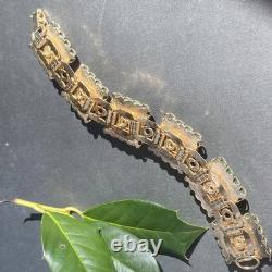 Vintage Art Glass Bracelet Green Blue Gold Enamel Floral Gold Plated Openwork