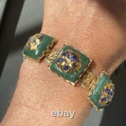 Vintage Art Glass Bracelet Green Blue Gold Enamel Floral Gold Plated Openwork