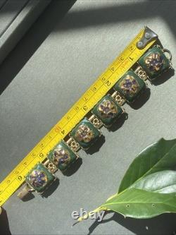 Vintage Art Glass Bracelet Green Blue Gold Enamel Floral Gold Plated Openwork