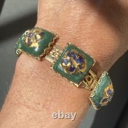 Vintage Art Glass Bracelet Green Blue Gold Enamel Floral Gold Plated Openwork
