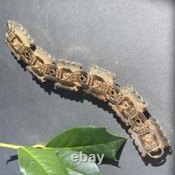 Vintage Art Glass Bracelet Green Blue Gold Enamel Floral Gold Plated Openwork