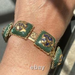 Vintage Art Glass Bracelet Green Blue Gold Enamel Floral Gold Plated Openwork