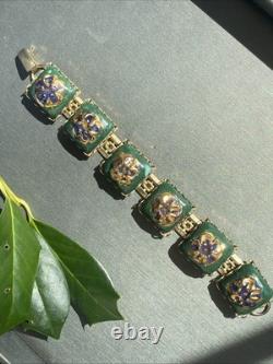 Vintage Art Glass Bracelet Green Blue Gold Enamel Floral Gold Plated Openwork