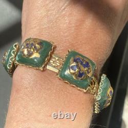 Vintage Art Glass Bracelet Green Blue Gold Enamel Floral Gold Plated Openwork