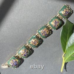 Vintage Art Glass Bracelet Green Blue Gold Enamel Floral Gold Plated Openwork