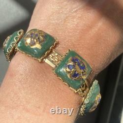 Vintage Art Glass Bracelet Green Blue Gold Enamel Floral Gold Plated Openwork