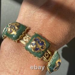Vintage Art Glass Bracelet Green Blue Gold Enamel Floral Gold Plated Openwork