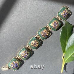 Vintage Art Glass Bracelet Green Blue Gold Enamel Floral Gold Plated Openwork