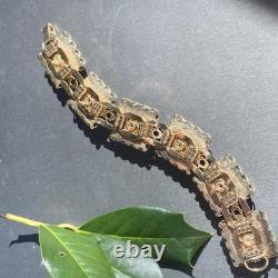 Vintage Art Glass Bracelet Green Blue Gold Enamel Floral Gold Plated Openwork