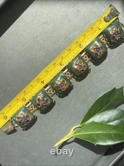 Vintage Art Glass Bracelet Green Blue Gold Enamel Floral Gold Plated Openwork