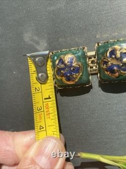 Vintage Art Glass Bracelet Green Blue Gold Enamel Floral Gold Plated Openwork