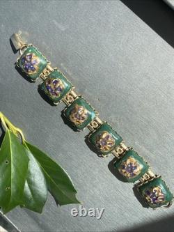 Vintage Art Glass Bracelet Green Blue Gold Enamel Floral Gold Plated Openwork