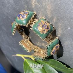 Vintage Art Glass Bracelet Green Blue Gold Enamel Floral Gold Plated Openwork