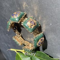 Vintage Art Glass Bracelet Green Blue Gold Enamel Floral Gold Plated Openwork