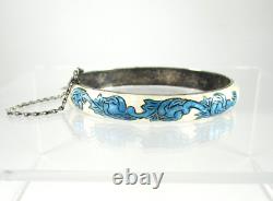Vintage Asian. 925 Sterling Silver Bangle Bracelet Blue & White Enamel Hinged