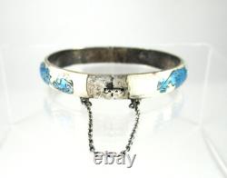 Vintage Asian. 925 Sterling Silver Bangle Bracelet Blue & White Enamel Hinged