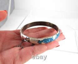 Vintage Asian. 925 Sterling Silver Bangle Bracelet Blue & White Enamel Hinged