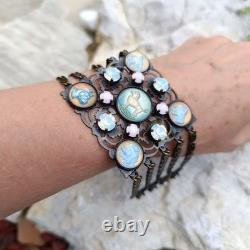 Vintage Beautiful Rare find Bracelet Dogs Lowers pink blue crystal dogs enamel r
