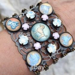 Vintage Beautiful Rare find Bracelet Dogs Lowers pink blue crystal dogs enamel r