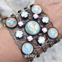 Vintage Beautiful Rare find Bracelet Dogs Lowers pink blue crystal dogs enamel r