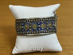 Vintage Berber Moroccan Silver Cuff Bracelet Ethnic Tribal Enamel Blue Orange