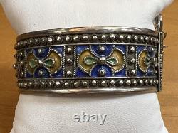 Vintage Berber Moroccan Silver Cuff Bracelet Ethnic Tribal Enamel Blue Orange