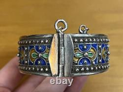 Vintage Berber Moroccan Silver Cuff Bracelet Ethnic Tribal Enamel Blue Orange