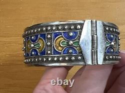 Vintage Berber Moroccan Silver Cuff Bracelet Ethnic Tribal Enamel Blue Orange