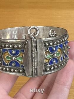 Vintage Berber Moroccan Silver Cuff Bracelet Ethnic Tribal Enamel Blue Orange
