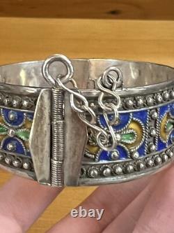 Vintage Berber Moroccan Silver Cuff Bracelet Ethnic Tribal Enamel Blue Orange