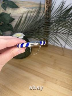 Vintage Blue And White Sterling Silver And Enamel Hinged Bangle Bracelet