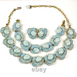 Vintage Blue Baroque Pearl Enamel Gold Tone Necklace Bracelet & Clip Earring Set