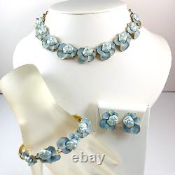 Vintage Blue Baroque Pearl Enamel Gold Tone Necklace Bracelet & Clip Earring Set