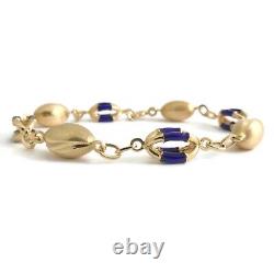 Vintage Blue Enamel UnoAerre Bead Chain Link Bracelet 18K Yellow Gold, 15.3 Gram