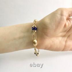 Vintage Blue Enamel UnoAerre Bead Chain Link Bracelet 18K Yellow Gold, 15.3 Gram