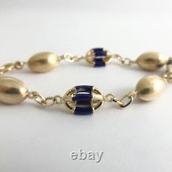 Vintage Blue Enamel UnoAerre Bead Chain Link Bracelet 18K Yellow Gold, 15.3 Gram