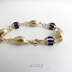 Vintage Blue Enamel UnoAerre Bead Chain Link Bracelet 18K Yellow Gold, 15.3 Gram